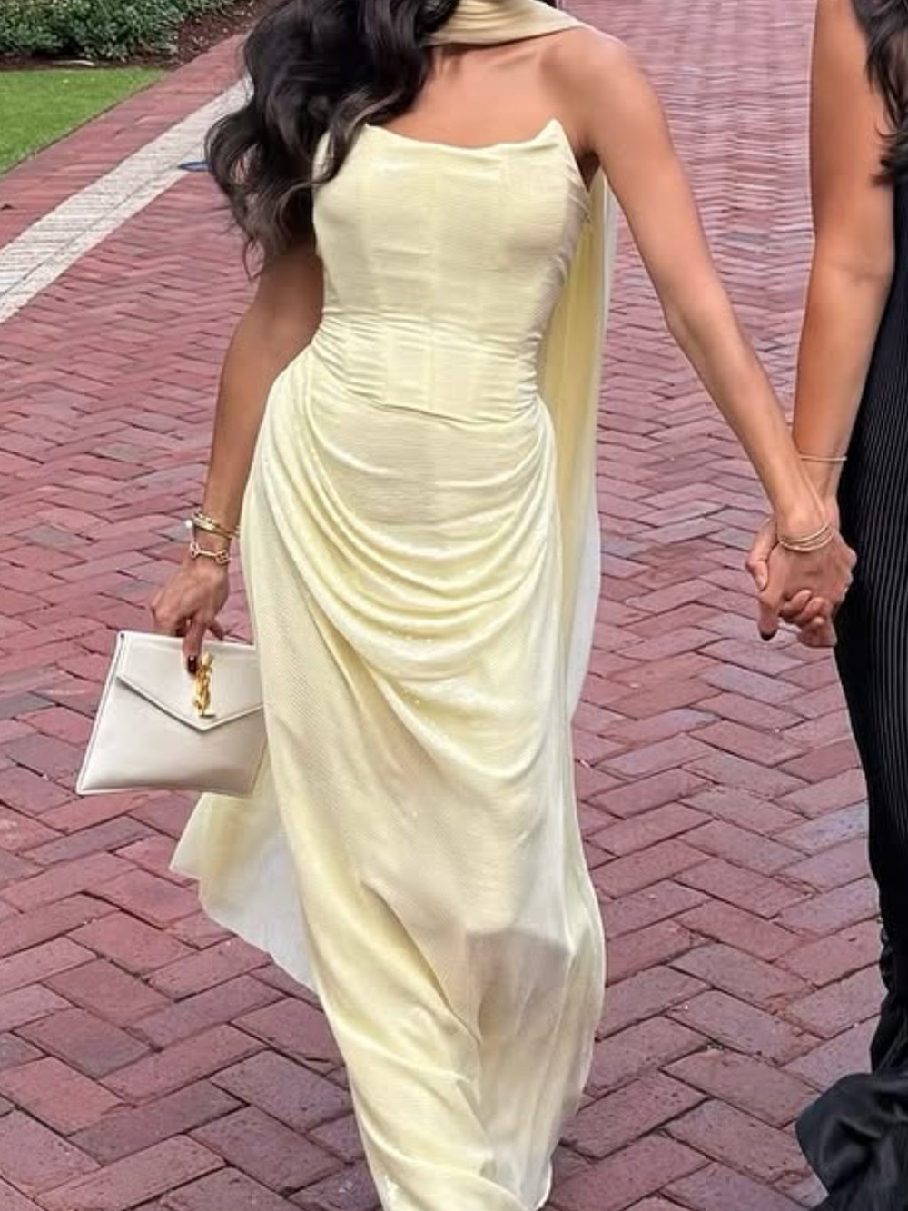 Elegant pastel yellow strapless sequence Evening Gown. Scarf included.